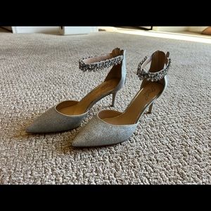 Jewel Badgley Mischka Silver Strap Heels- New